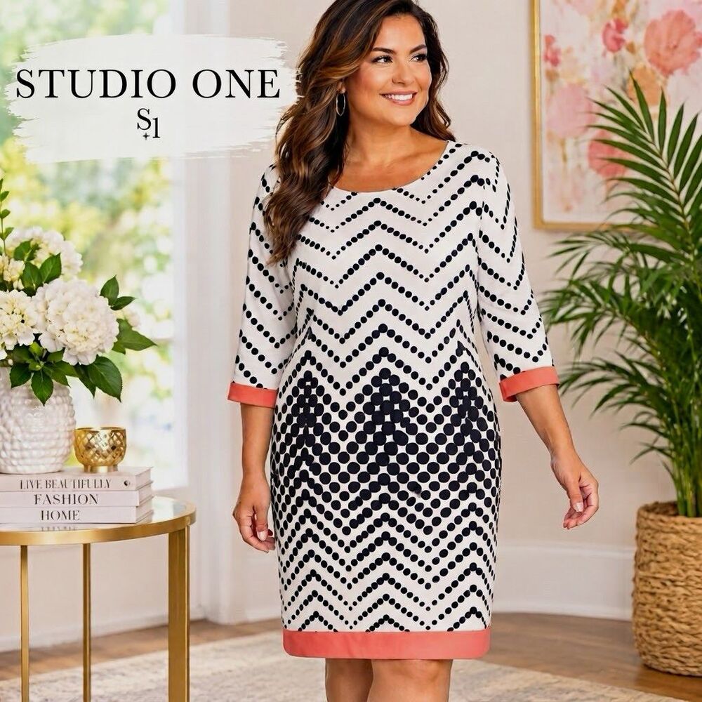 Studio One New York XL Black White Chevron Shift Dress 3/4 Sleeve Lined Stretch